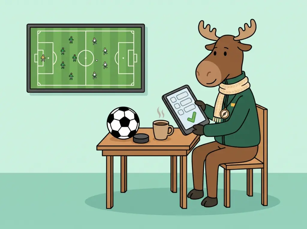 Älgot ser på en spelkupong i en surfplatta bredvid en fotboll och en hockeypuck