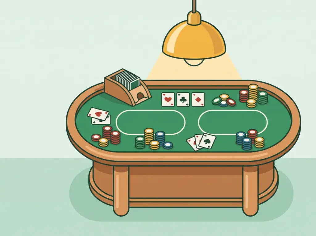 Ett spelbord med spelkort, en kortsko och travar av kasinomarker