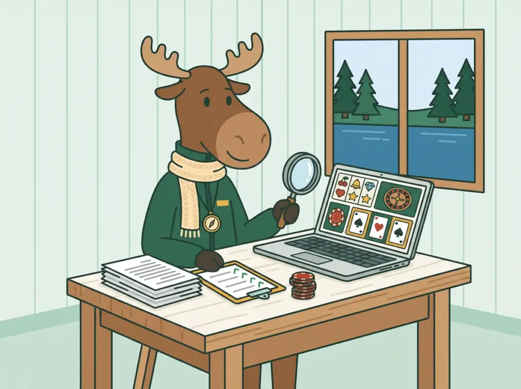 Älgot granskar en kasinolobby på en laptop med förstoringsglas och checklista