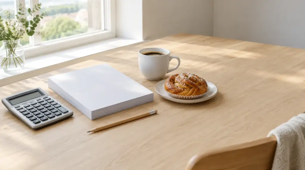 Miniräknare, blanketter och fika på ett bord