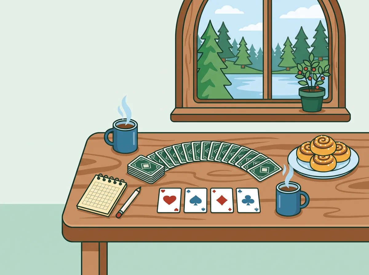 Ett köksbord i en stuga med spelkort, kaffe och kanelbullar